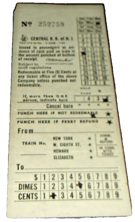 1963 CNJ CENTRAL RAILROAD OF NEW JERSEY DUPLEX CASH FARE TRAIN TICKET