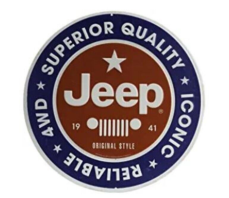 JEEP ROUND TIN SIGN WRANGLER TJ YJ JK JAMBOREE 4 X 4 ONLY IN A JEEP ADVERTISING