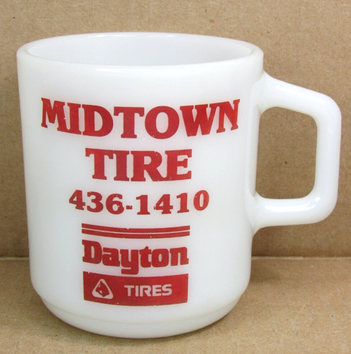 RARE Vtg MILK GLASS Galaxy USA Coffee Mug Tea Cup Midtown Dayton Tire Ad Auto