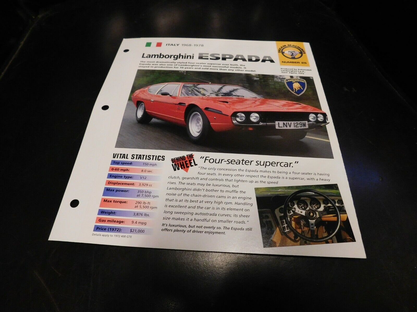 1968-1978 Lamborghini Espada Spec Sheet Brochure Photo Poster 77 76