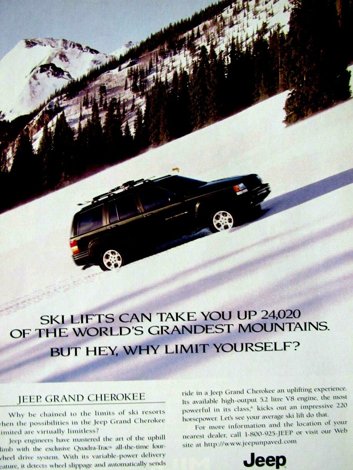 1996 Jeep Grand Cherokee Vintage Ski Lifts Original Print Ad 8.5 x 11\