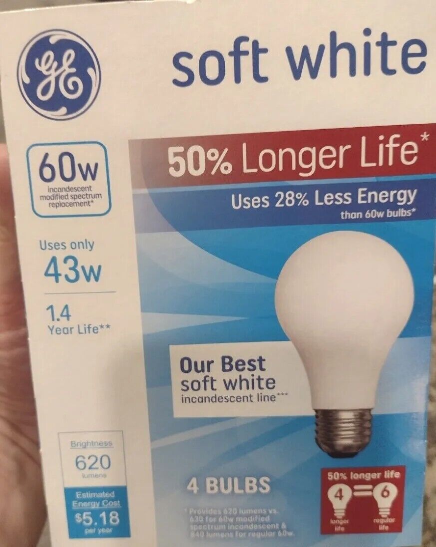 GE 60 W Watt A19 Soft White Dimmable 620 Lumens Basic Bulbs 50% Longer Life