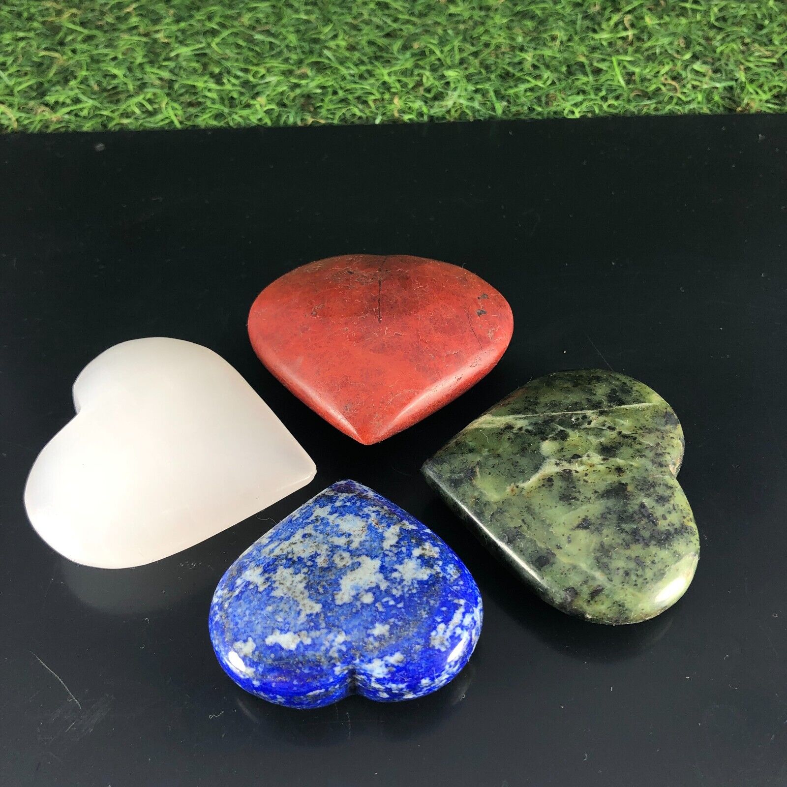 4pcs New Healing Crystal Hearts Lapis Lazuli, Red Jasper, Nephrite, Pink Calcite