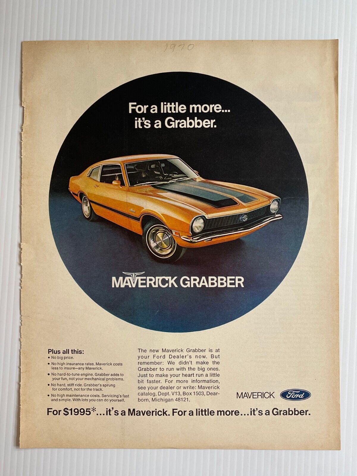 Vintage 1970 Ford Maverick Grabber Car - (Original Magazine Print Advertisement)