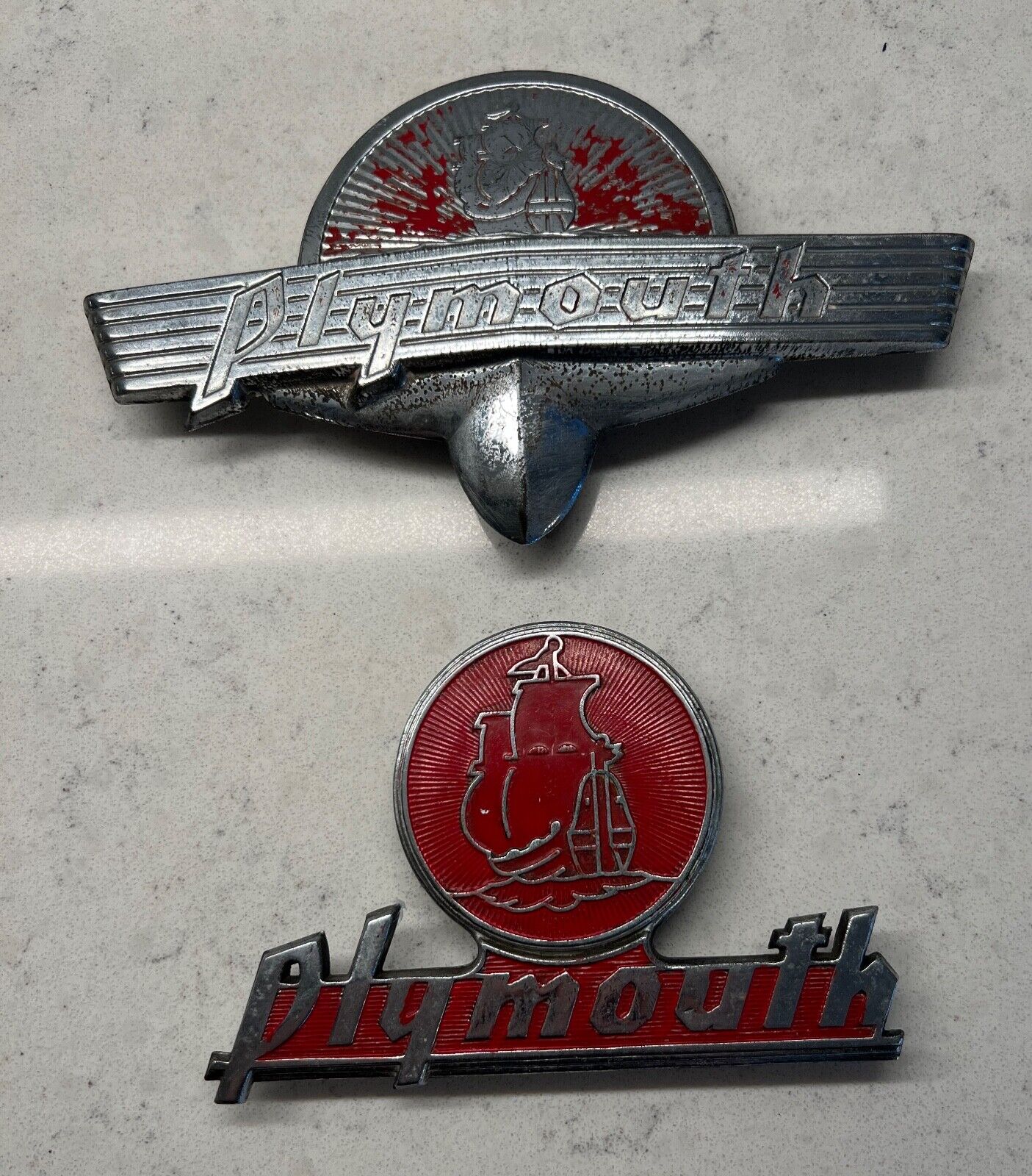1940 Plymouth Emblem/Ornaments, SET OF 2, RARE,  Chrome-plated