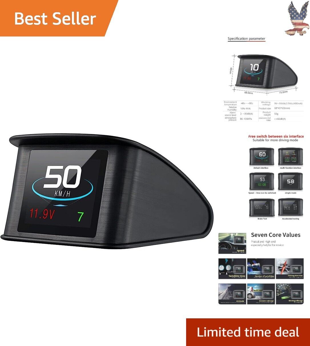 Universal Digital Car HUD - GPS Speedometer - 3.54 x 2.13 x 0.47 inches