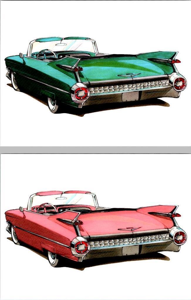 2~4¼X5½ Modern ARTIST'S Postcards 1959 CADILLAC CAR Convertible In Teal & Pink