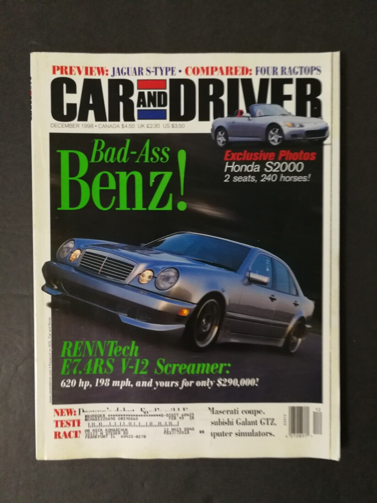 Car & Driver Magazine December 1998 1999 Maserati 3200GT - Bentley Arnage - 223