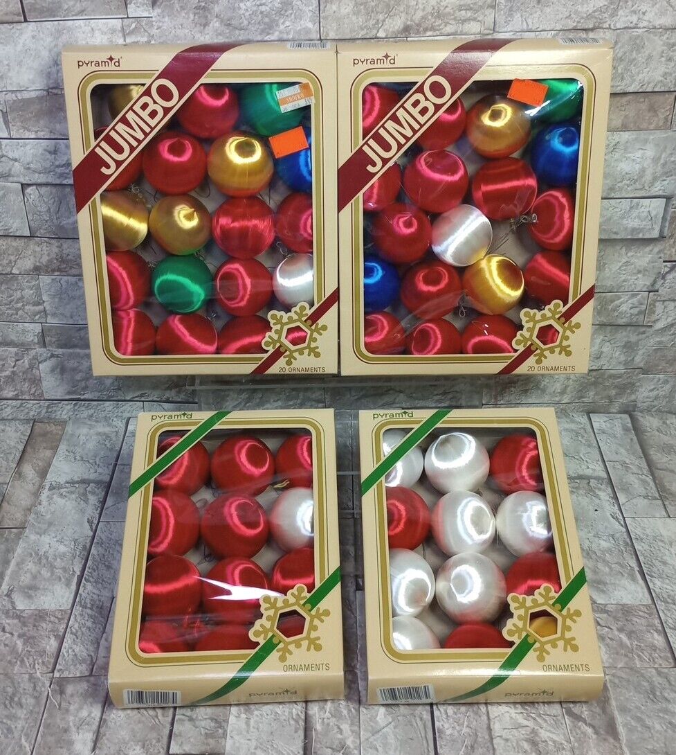 Vintage Pyramid Christmas Ornaments 62 Total Satin-Sheen Balls Made in USA
