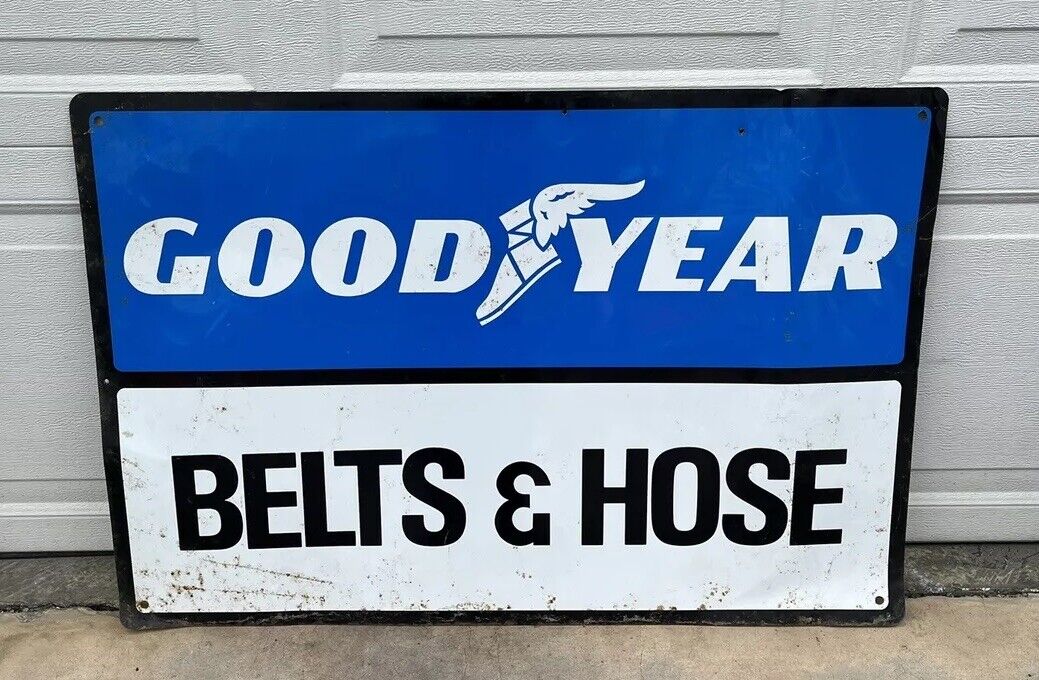 Vintage Goodyear Belts & Hose Metal Sign 36x24” Gas & Oil Automotive Advertising