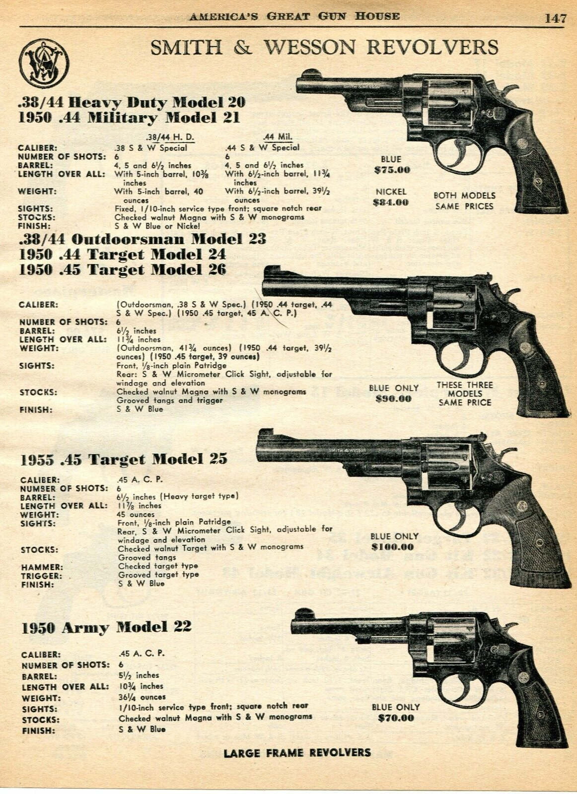 1960 Print Ad of Smith & Wesson S&W Model 20, 23, 25 1955, 22 1950 Army Revolver