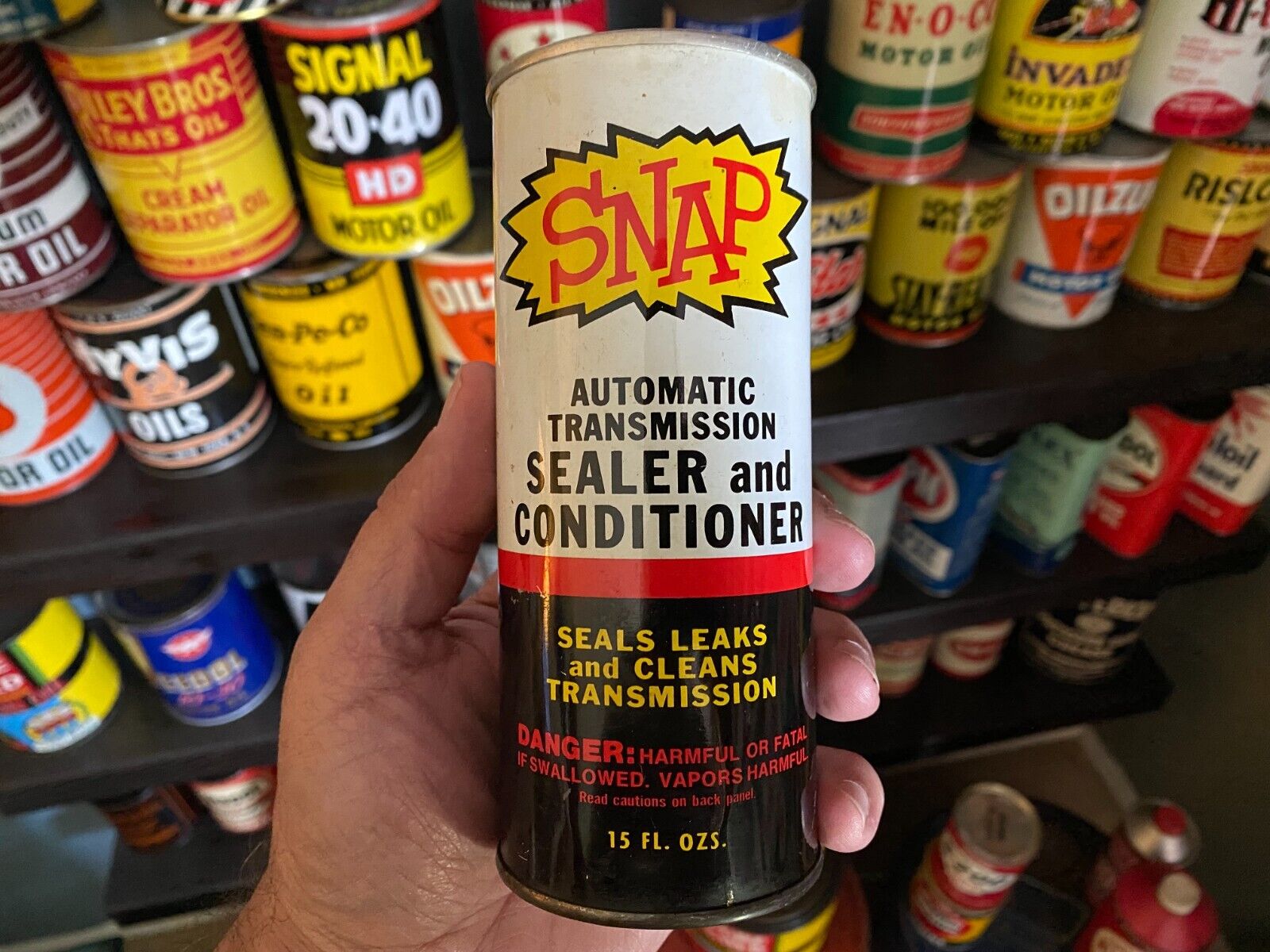 VINTAGE~FULL NOS~SNAP AUTO TRANS SEALER AND CONDITIONER OIL CAN~ 15OZ  NICE