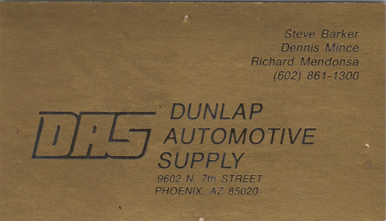 1980\'s 1990\'s Business Card DAS Dunlap Automotive Supply Phoenix AZ Vtg