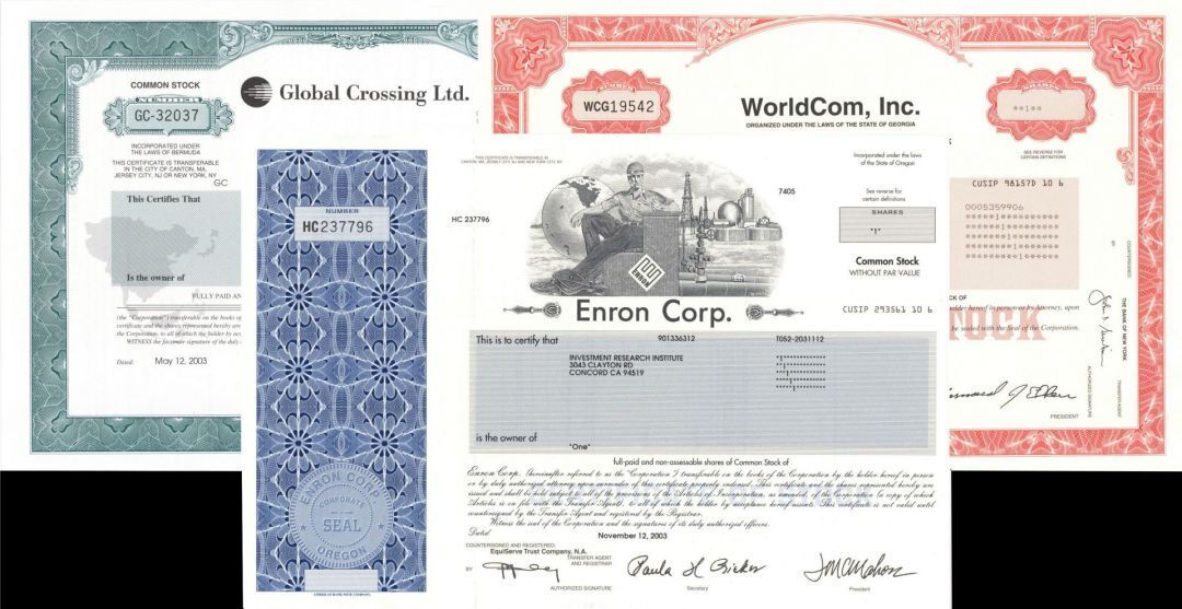 3 Stock Set - Enron, Global Crossing, and WorldCom - 2002-2003 dated Fraud Set o