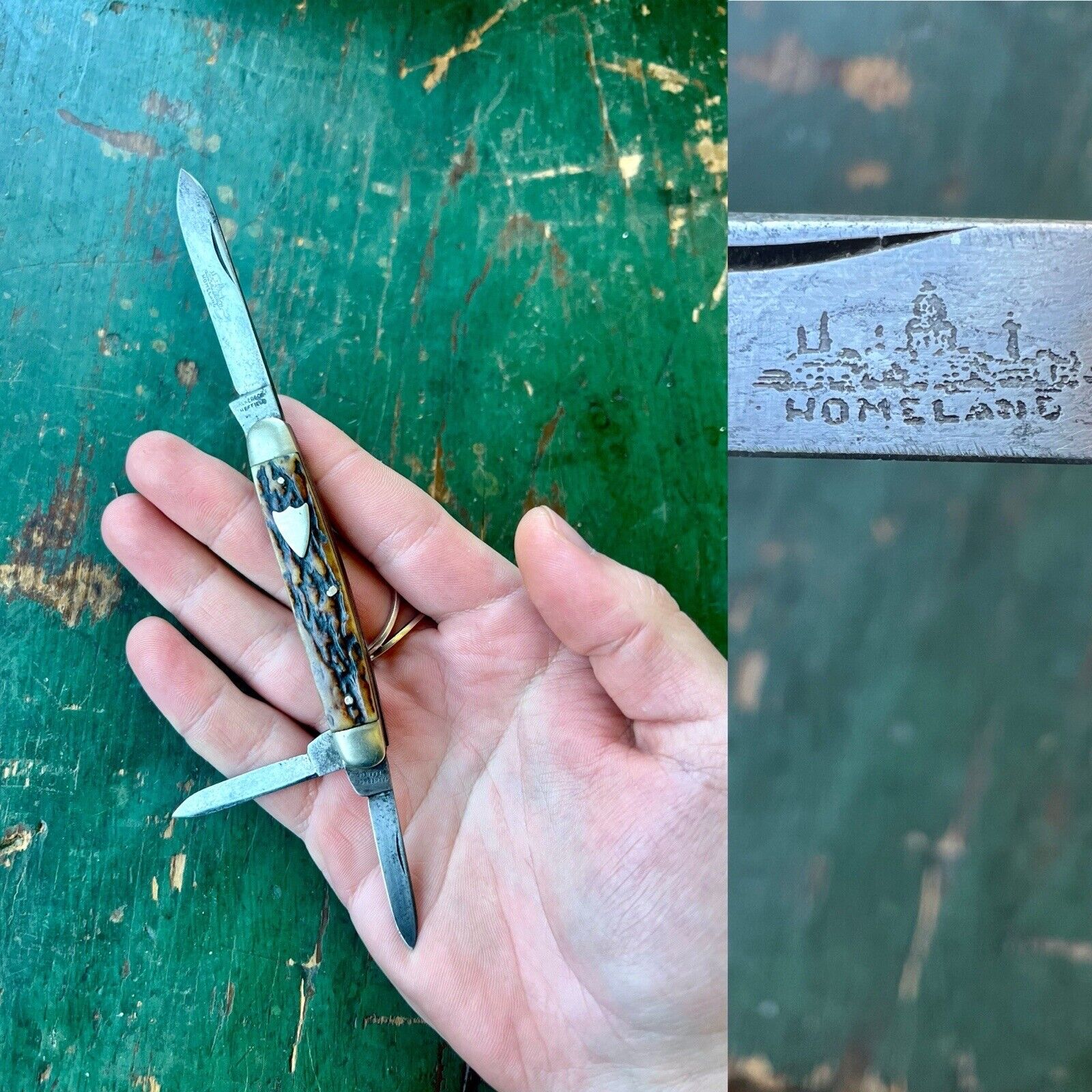 Old Vintage Antique Walker & Co Sheffield Pocket Knife Stag Whittler with ETCH