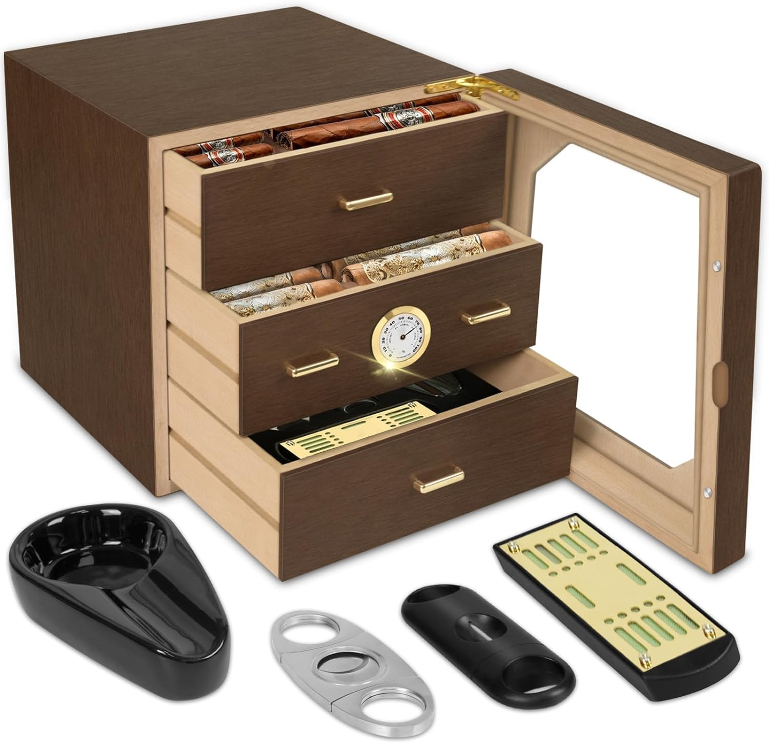 Premium High-Capacity Cigar Humidor Cabinet | Walnut Finish Precision Humidifier