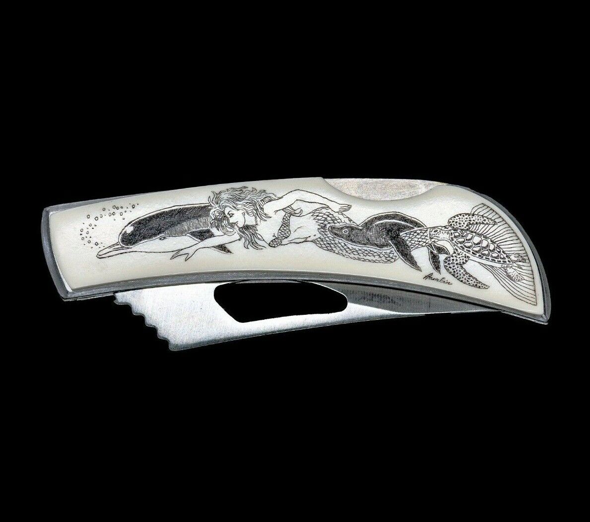 Frolicking Mermaid Stainless Steel Silver Hawk Knife.  Turtle, Dolphin, Resin