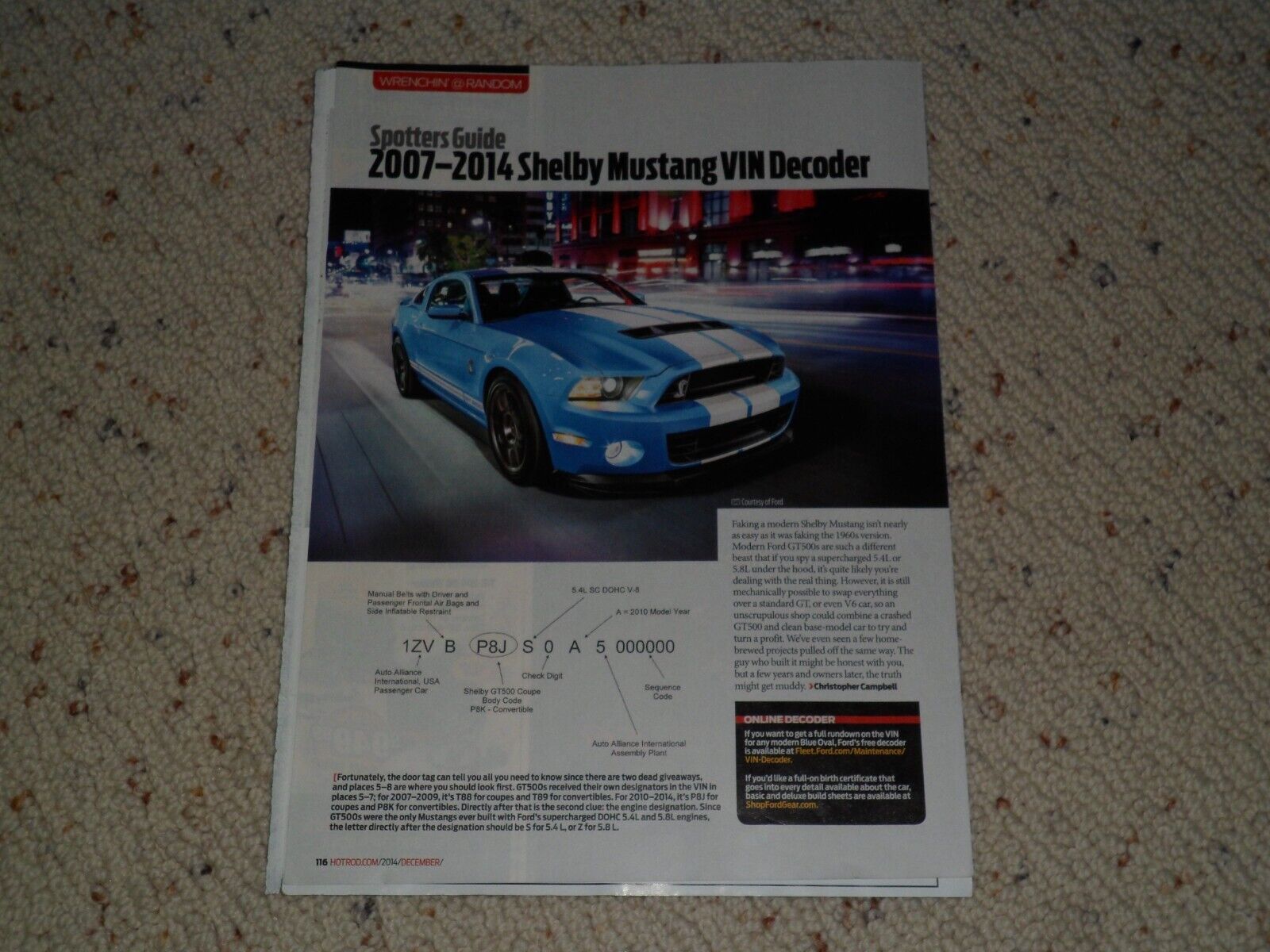 2007-2014 FORD SHELBY MUSTANG VIN DECODER AD / ARTICLE