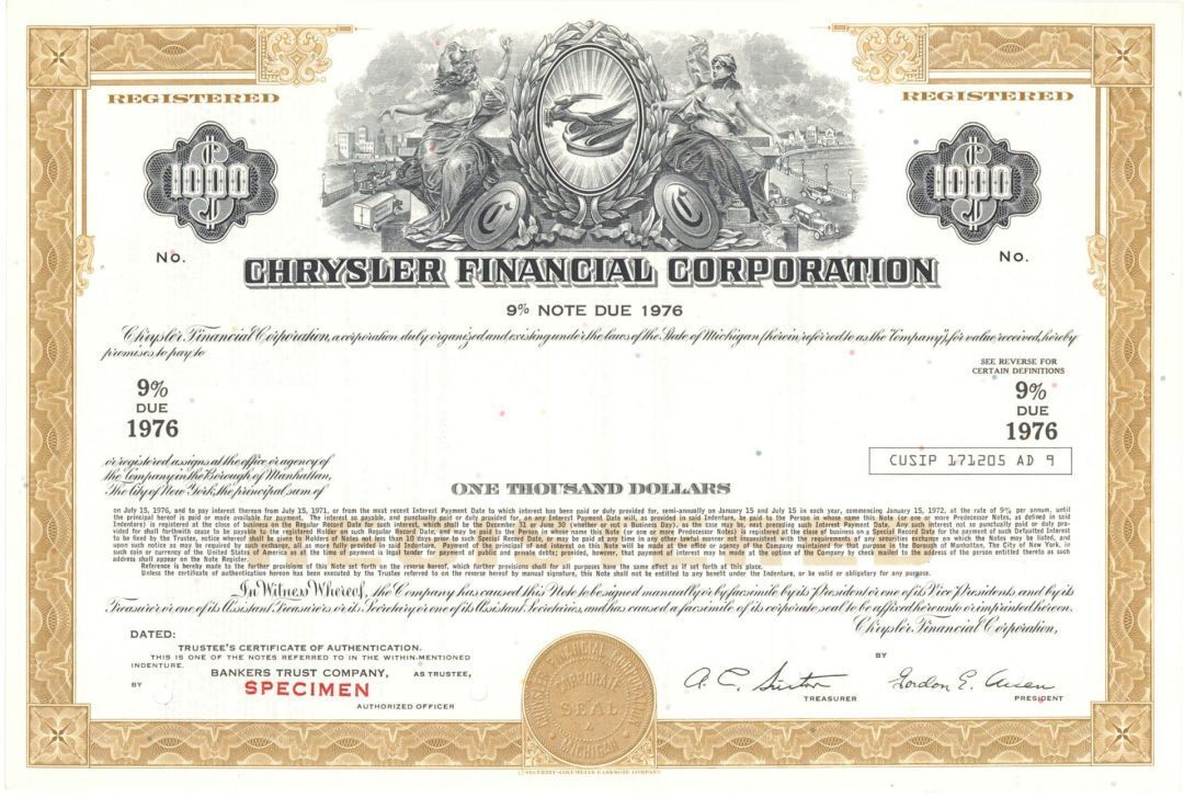 Chrysler Financial Corp. - Famous Automotive Co. Specimen Bond - $1,000 - Specim
