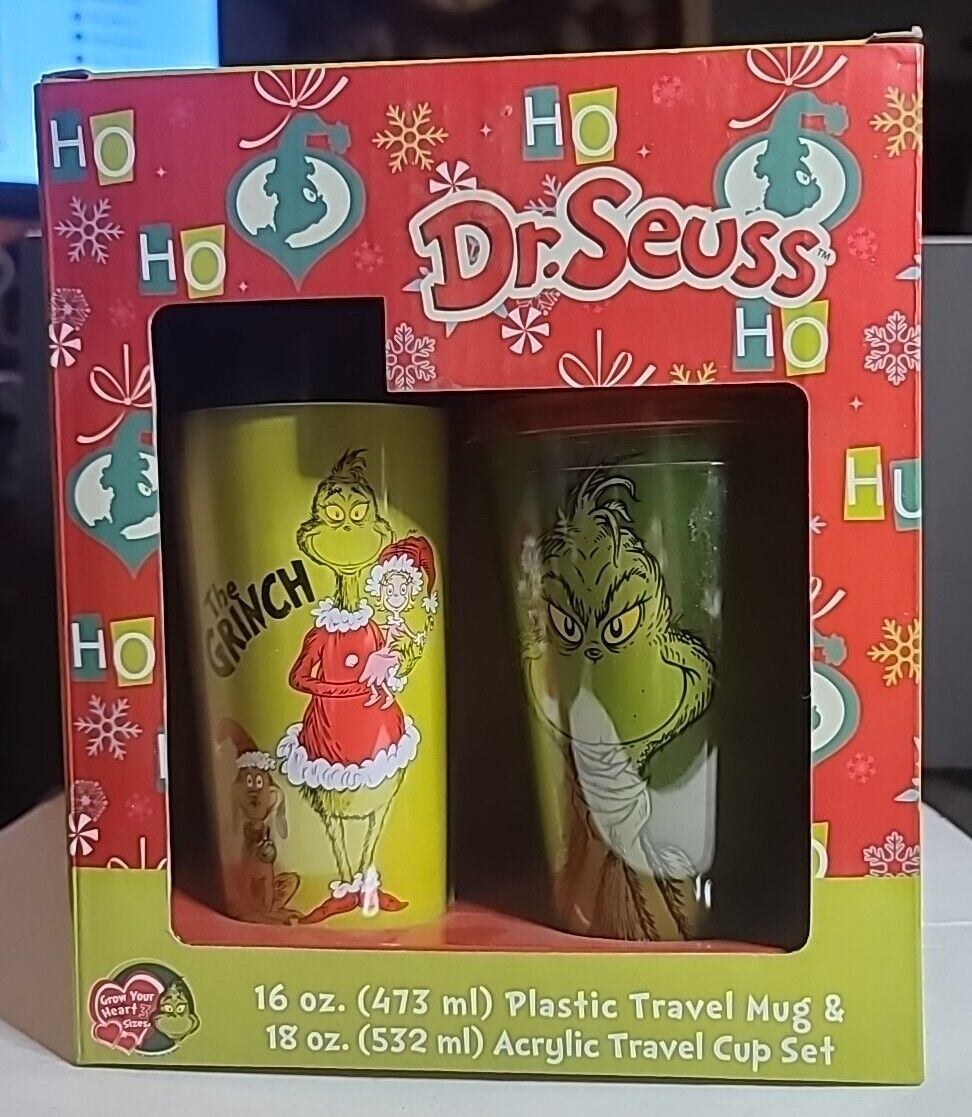 RARE Dr. Seuss  GRINCH CHRISTMAS Travel Mug&cup Set of 2 NEW 16 oz. NIB 2014