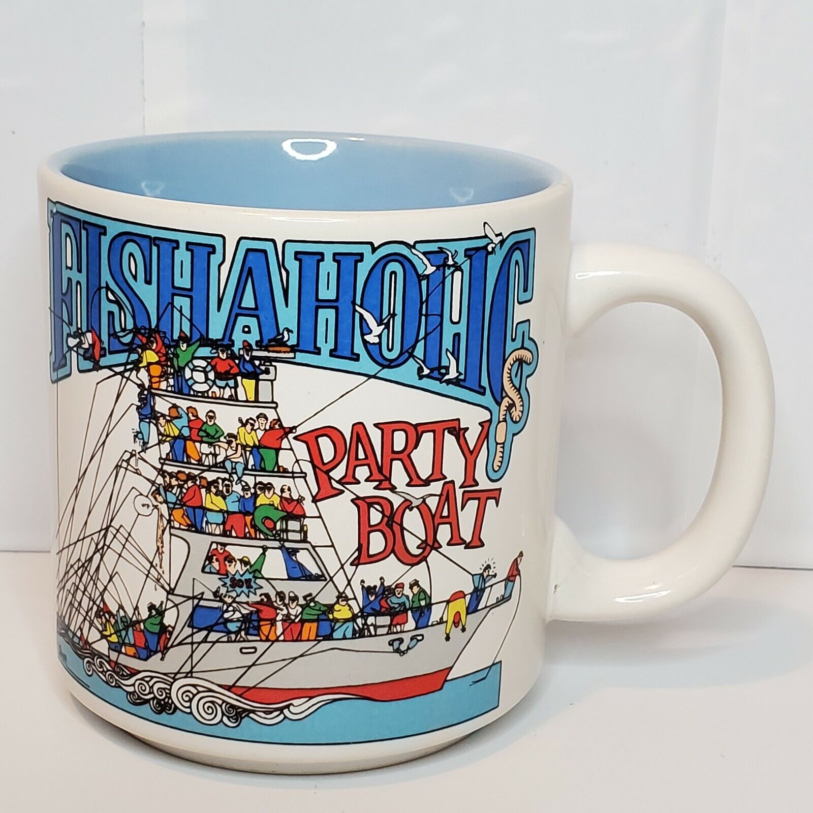 Fishaholic Party Boat Coffee Cup Fisherman Gift Fish Mug Fishing Summertime Blue