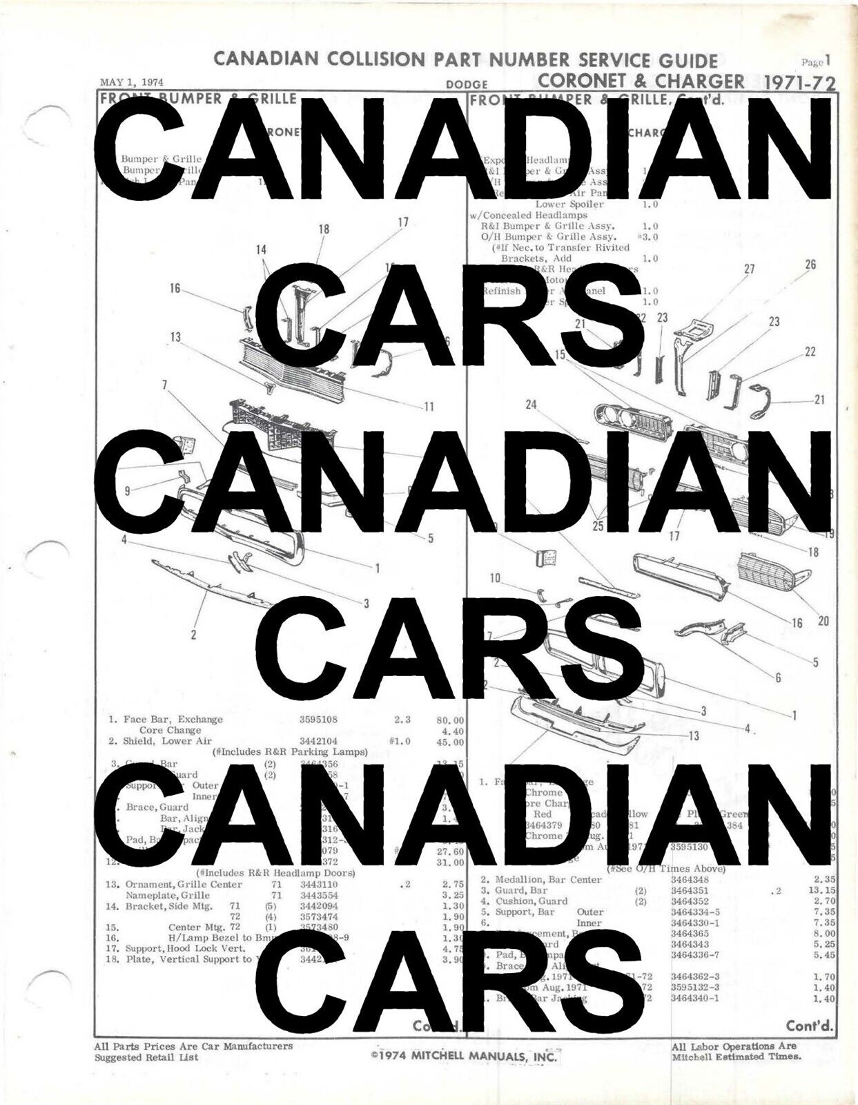 CANADA Collision part number 1971-72 Dodge Coronet & Charger parts book R/T 500
