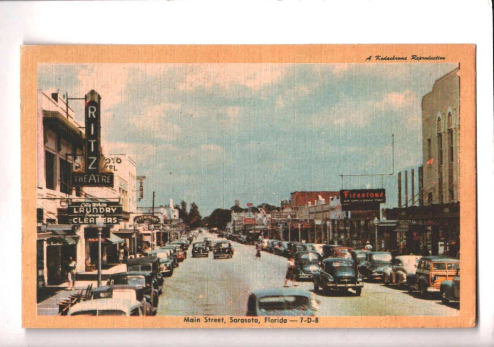 Postcard Sarasota FL Florida Main Street Cars Ritz Theatre Firestone Signs Linen