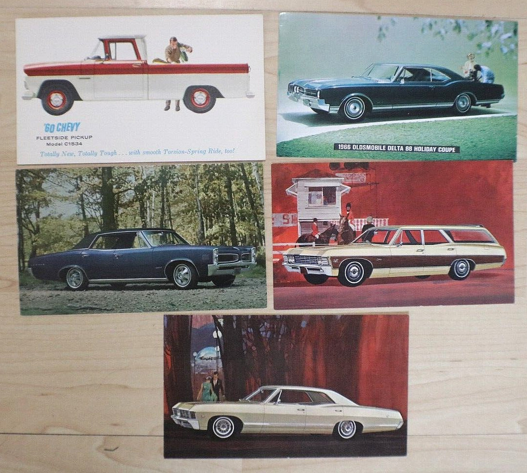 1960 chevy trucks,66 olds delta 88 66 pontiac lemans 67 chevy caprice post cards