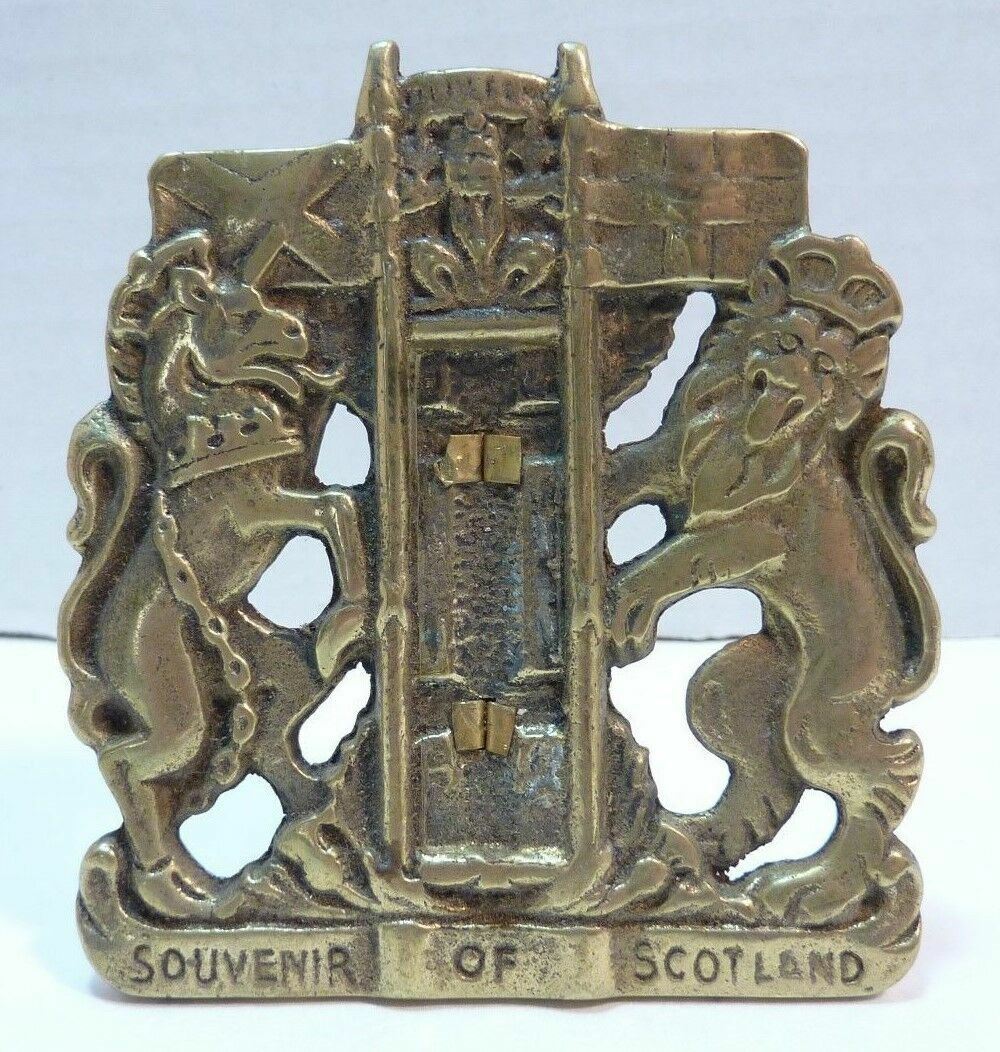 SCOTLAND COAT OF ARMS Old Brass Souvenir Plaque small detailed desk dresser art