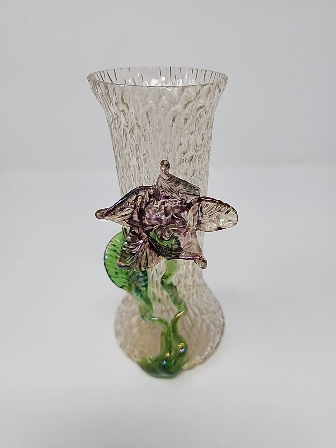 Czech Art Glass iridescent vase with purple flower on stem with leaves