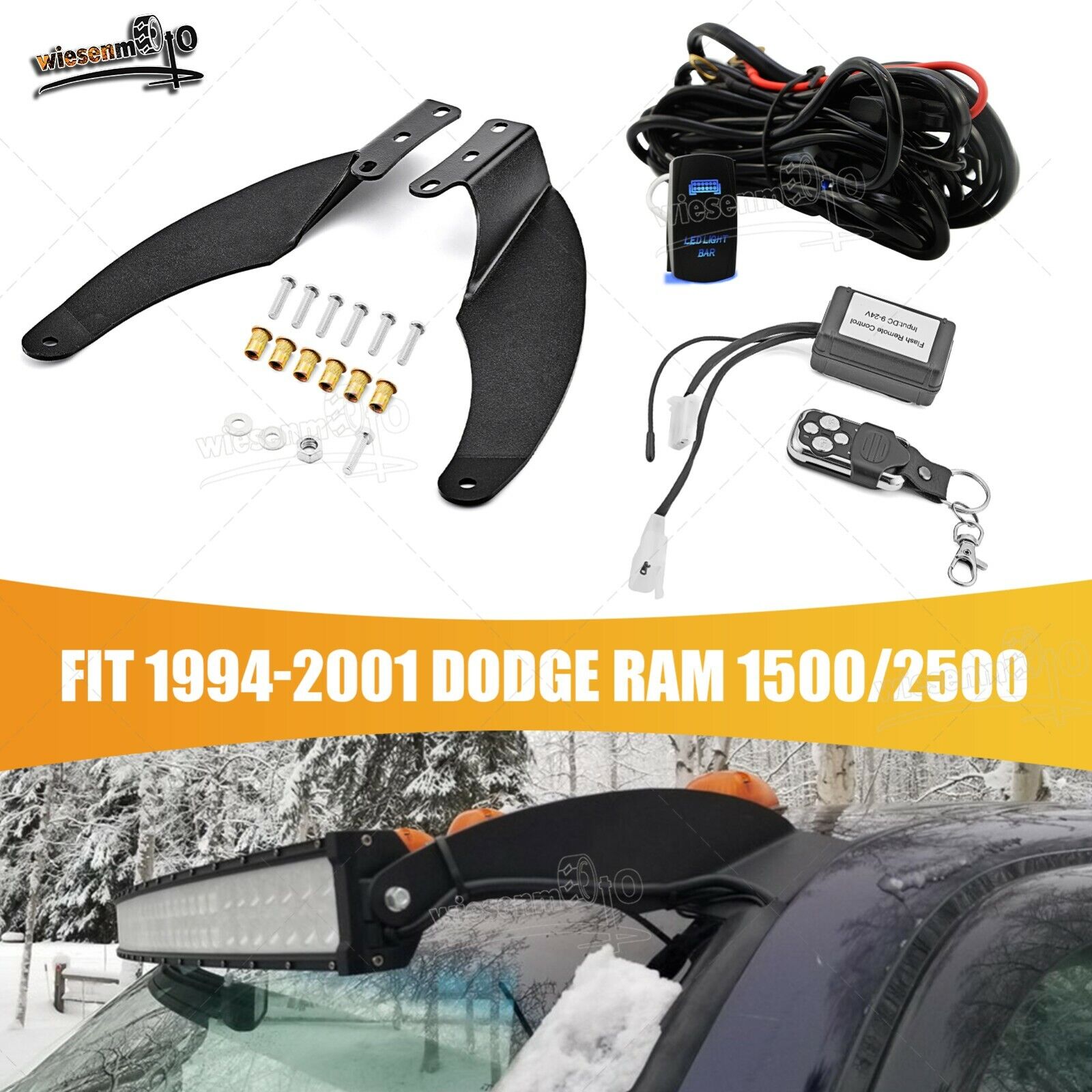 Fit 94-01 Dodge Ram 1500 2500 52\'\' LED Light Roof Brackets+Remote+Switch Wiring