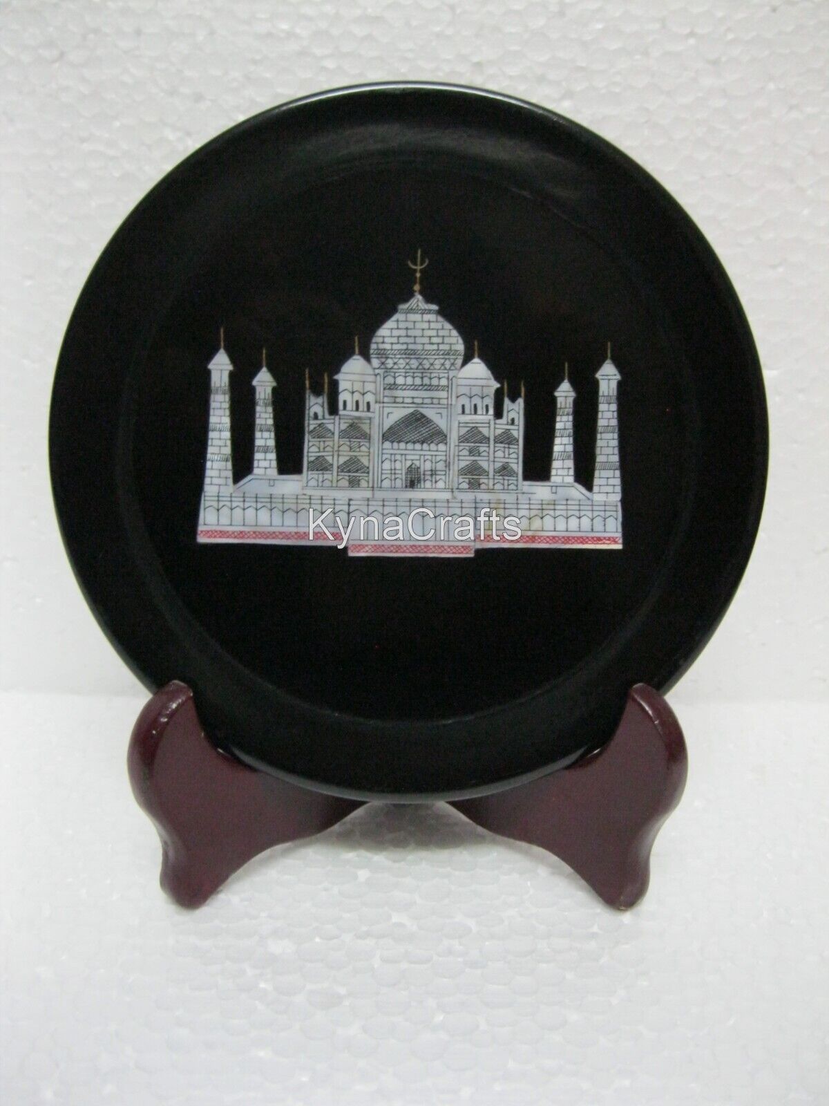 7 Inches Round Marble Decorative Plate Taj Mahal Replica Inlaid Giftable Plate