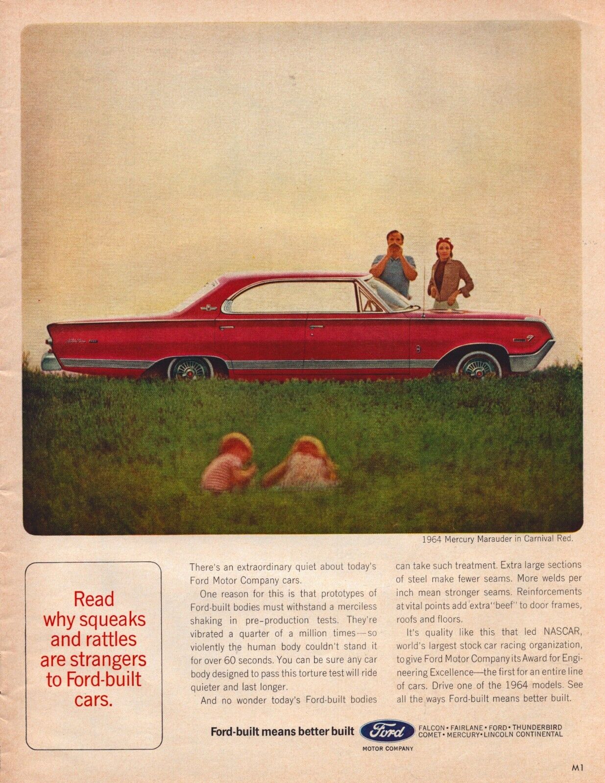 1964 Mercury Marauder Print Ad NASCAR Family Grass Kids Parents