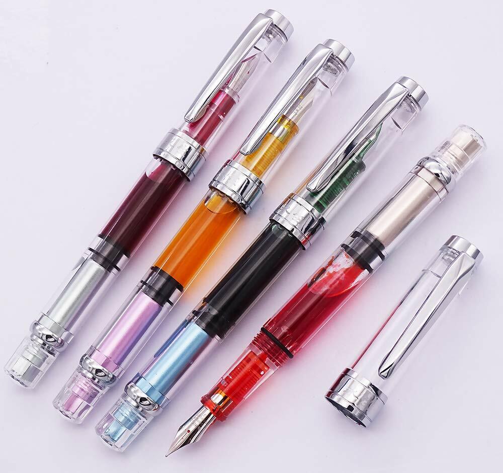 4PCS Yongsheng 3008(A) Piston Transparent Fountain Pen Silver Nib Iridium EF/F