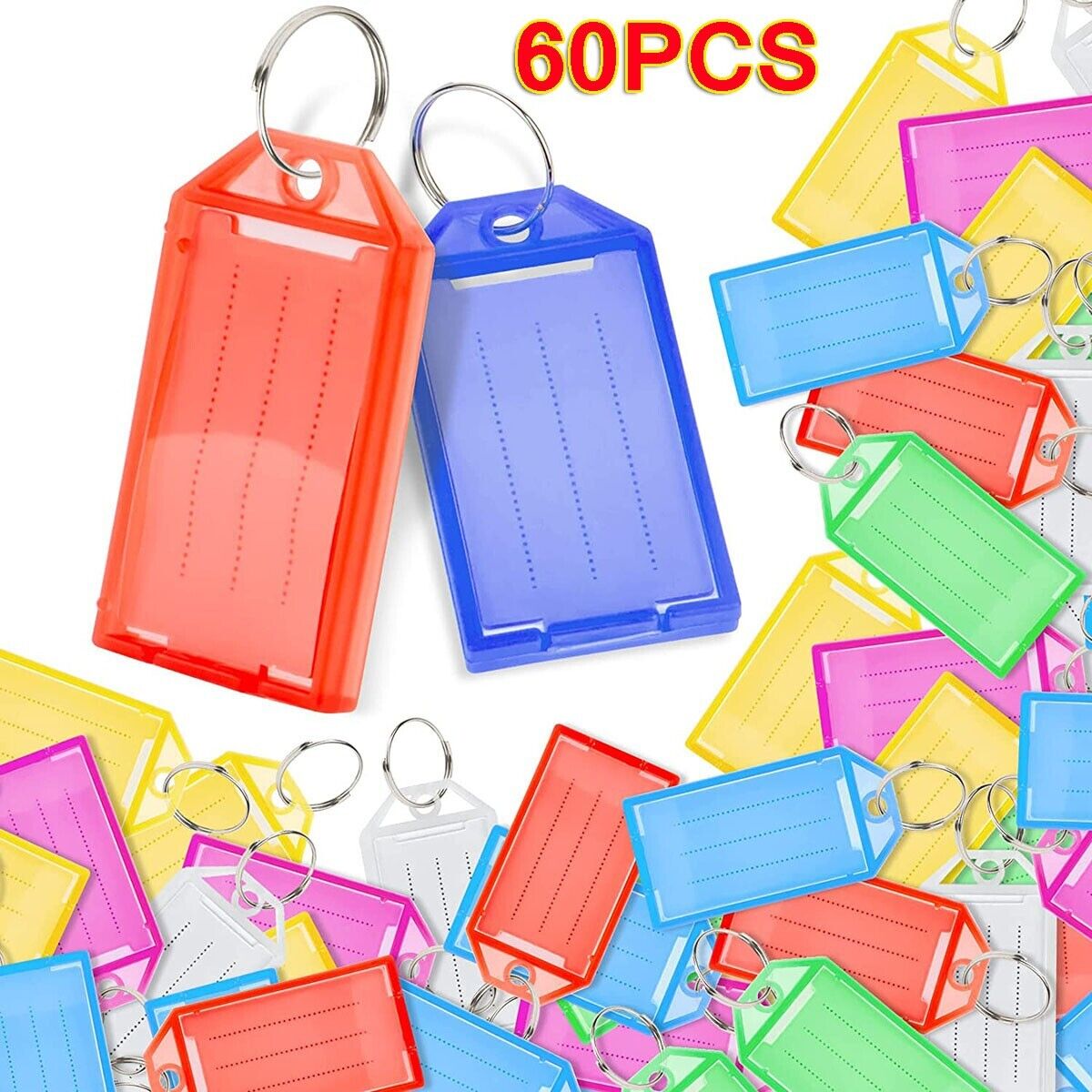 60Pcs Plastic Key Tags Label Name Luggage Car Tags Split Rings Baggage Chains US