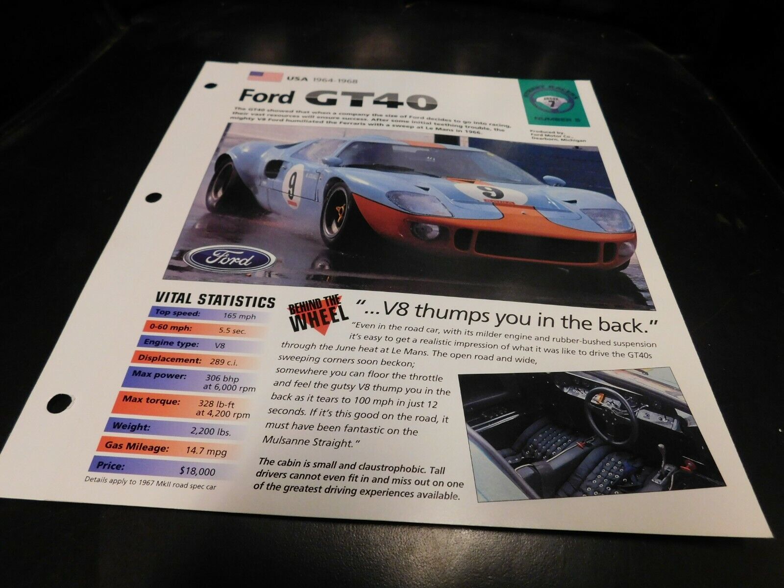 1964-1968 Ford GT40 Spec Sheet Brochure Photo Poster 1965 1966 1967
