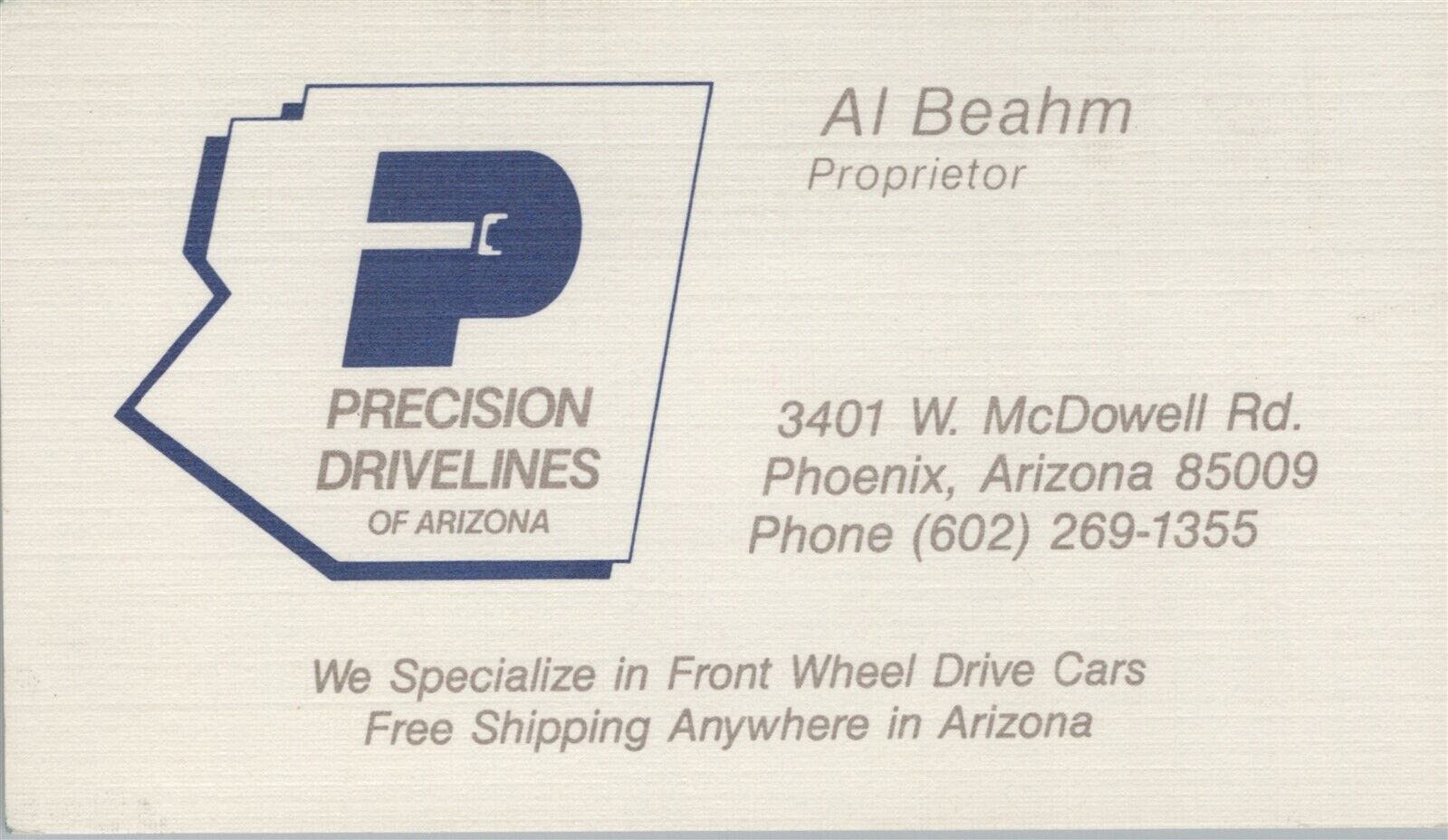 Vintage Business Card Precision Drivelines of Arizona Automotive Phoenix