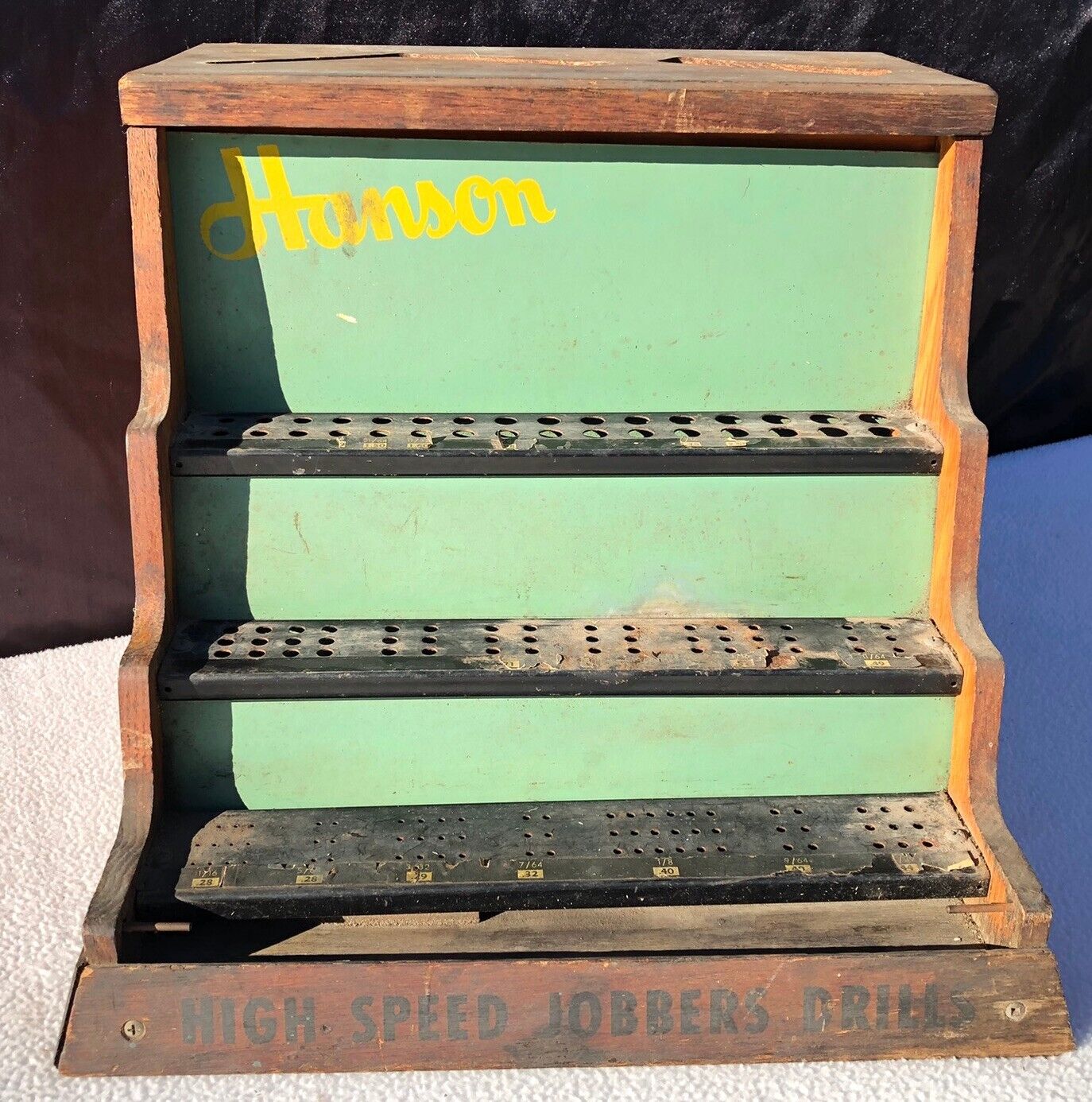 Circa 1950's Oak Bow Front Hanson High Speed Jobber Drill Bits Show Case