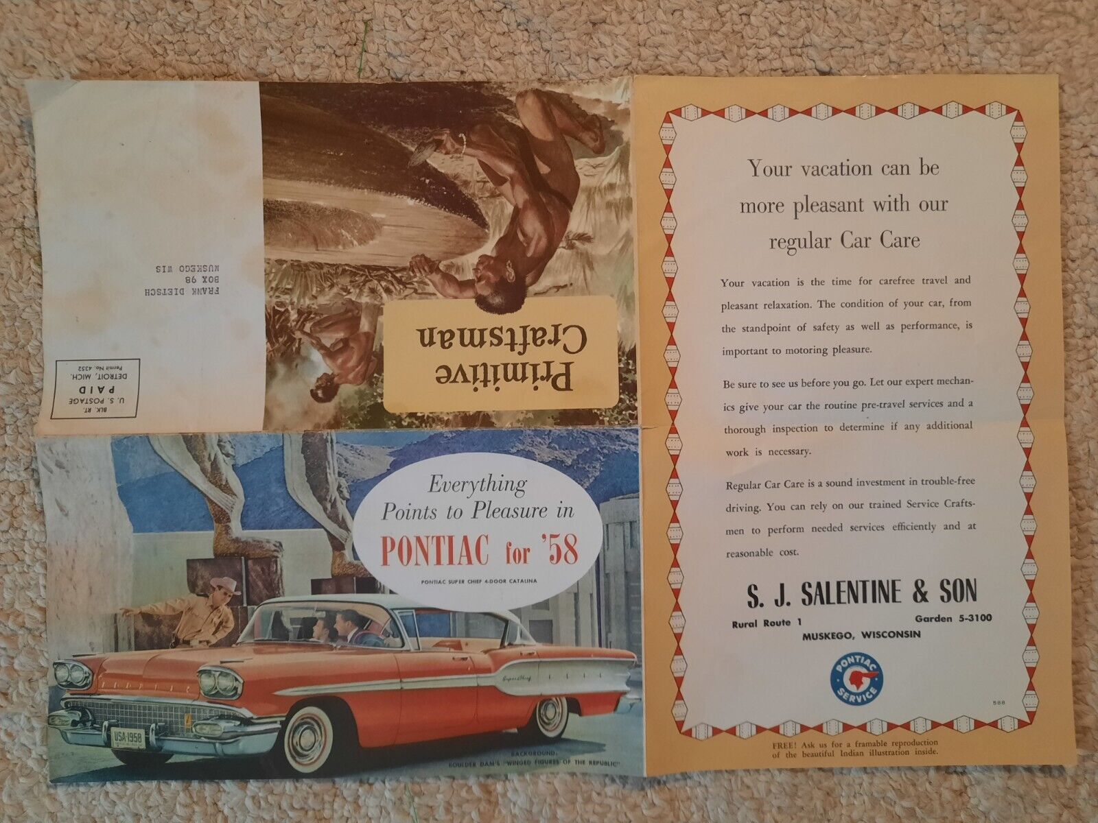 Vintage 1958 Pontiac Mailing Advertisements Native American Theme