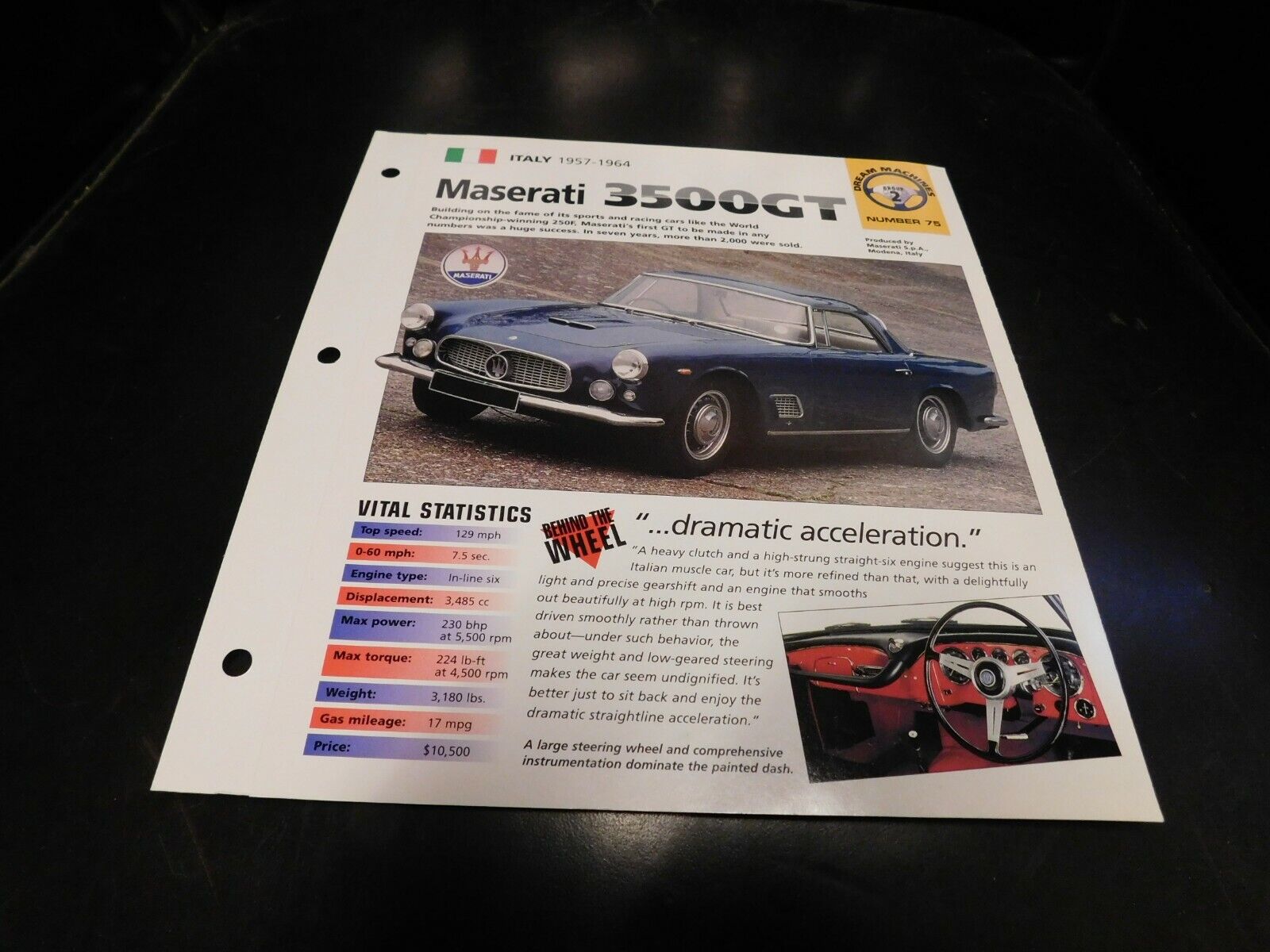 1957-1964 Maserati 3500GT Spec Sheet Brochure Photo Poster 63 62 61