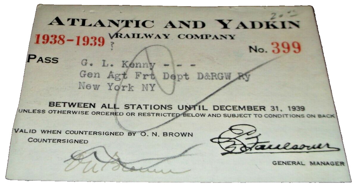 1938-1939 ATLANTIC & YADKIN RAILWAY EMPLOYEE PASS #399