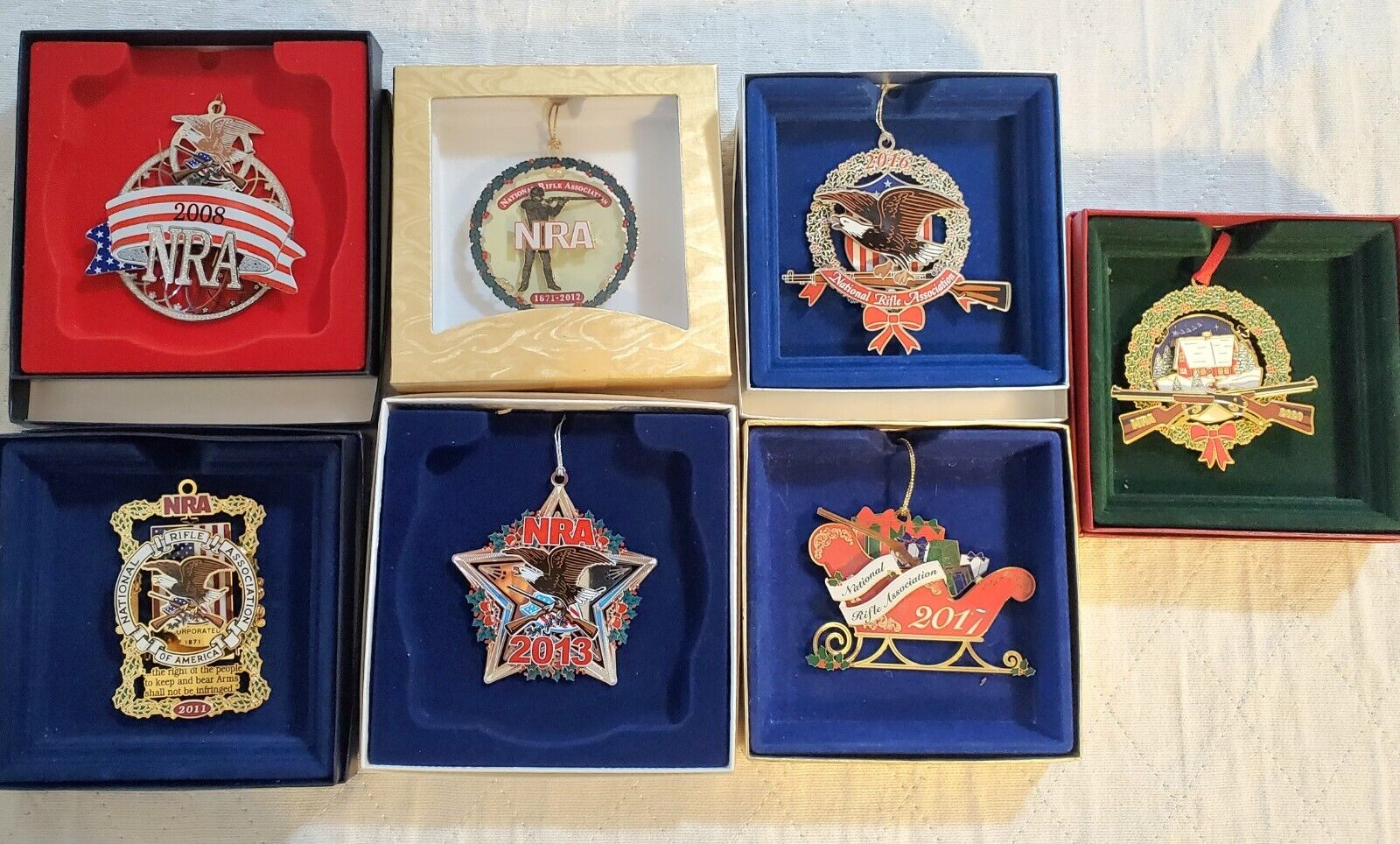 2008, 2011, 2012, 2013, 2016, 2017, 2020 NRA Christmas Tree Ornaments