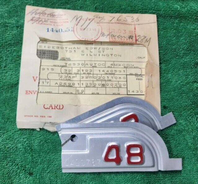 NOS 1948 Original California Car Truck YOM License Plate Metal Tags Numbers Matc