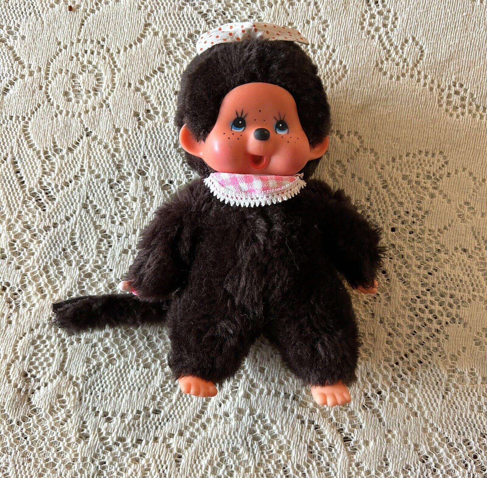 Monchhichi Monkey Thumb Sucker Small 8” Pink Bibb Doll Toy 1974 Rarer Blue Eyed