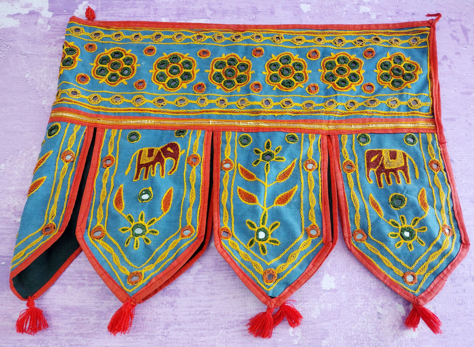 Indian Toran Elephant Embroidered Mirrored Tribal Tapestry Decor Door Valance