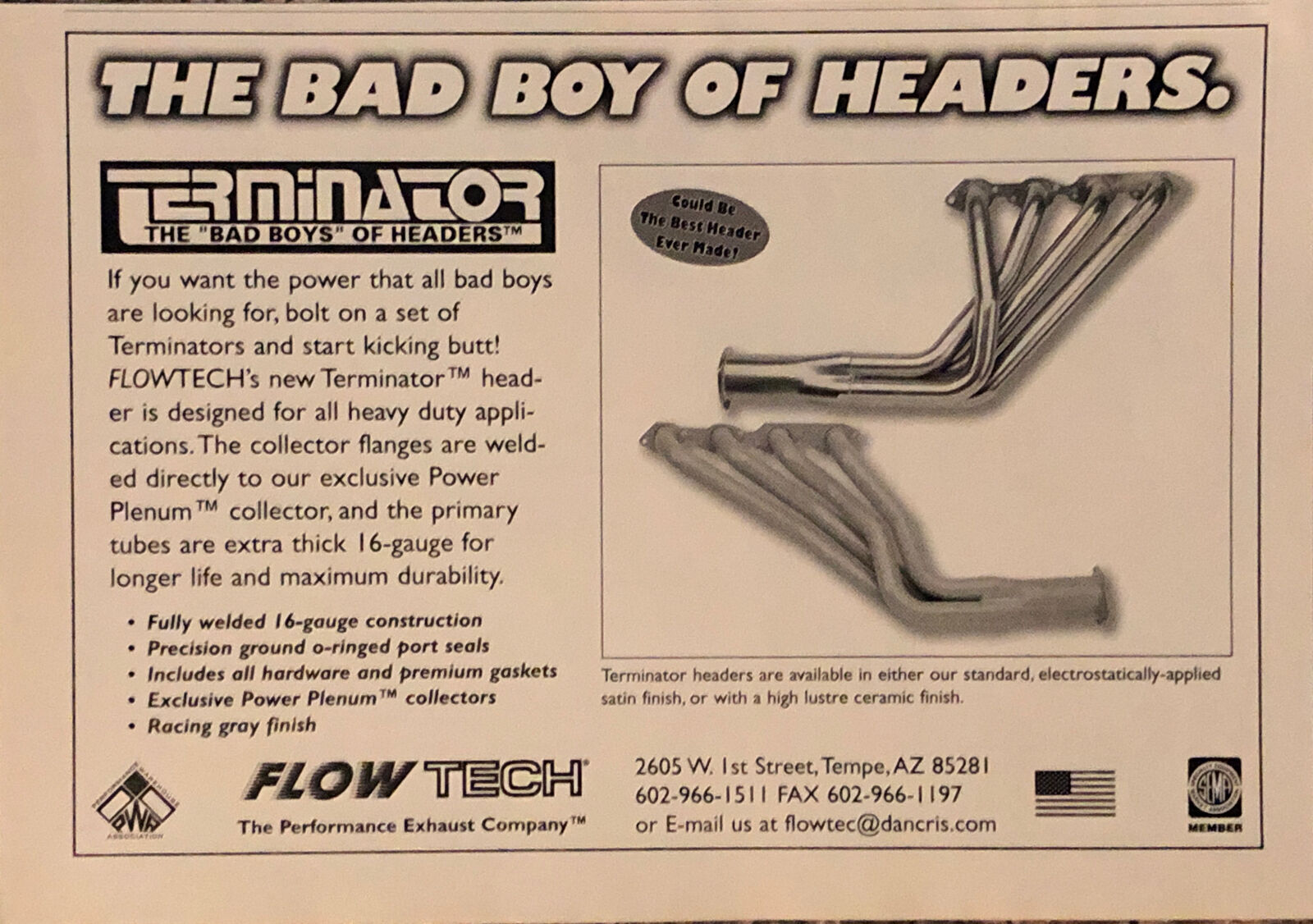 PRINT AD 1997 Flowtech Exhaust Terminator Bad Boy Headers Tempe AZ 8”x5” VTG Ad