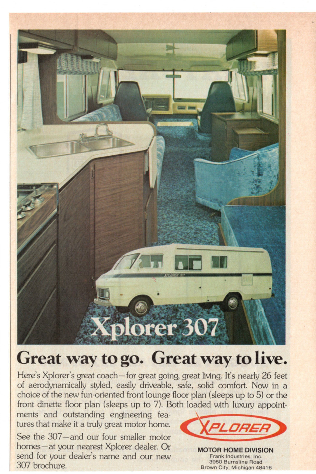 XPLORER 307 Motorhome Camper RV 1976 Vintage Print Ad Original Man Cave Decor