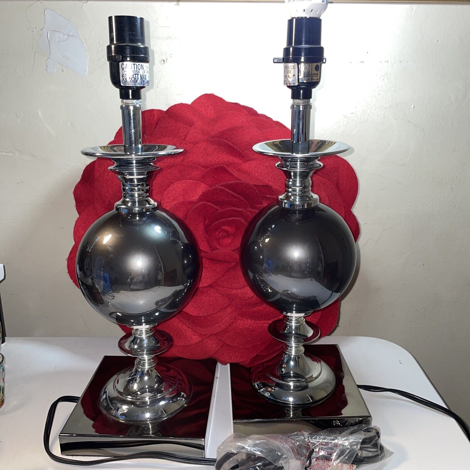 Two Chrome And Gray Orb Ball Table Lamps  16.5”