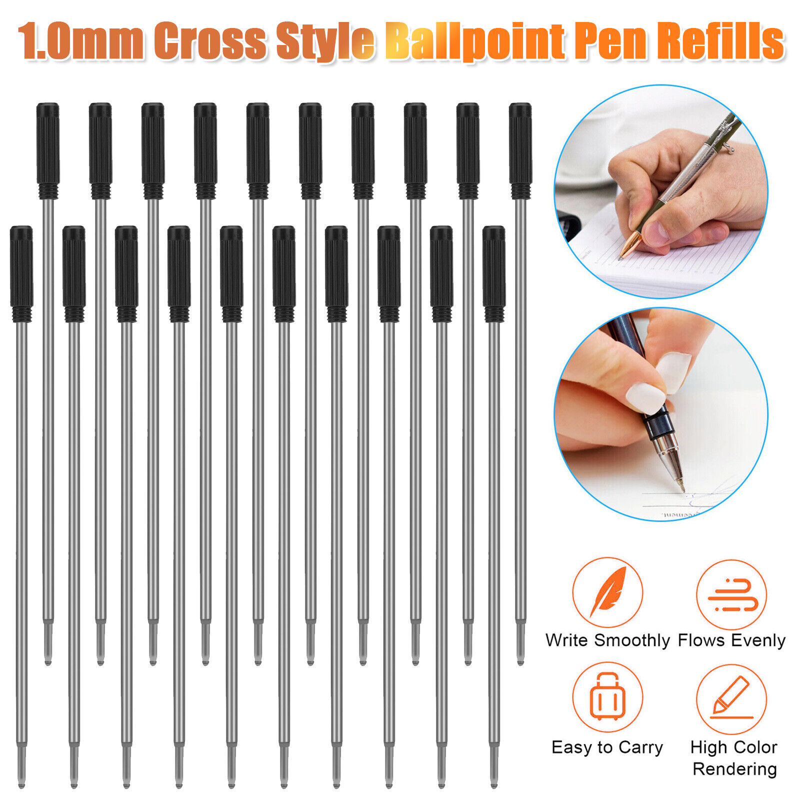 20Pcs Cross Style Ballpoint Pen Refills Smooth Flow Ink 1.0mm Medium Point Black