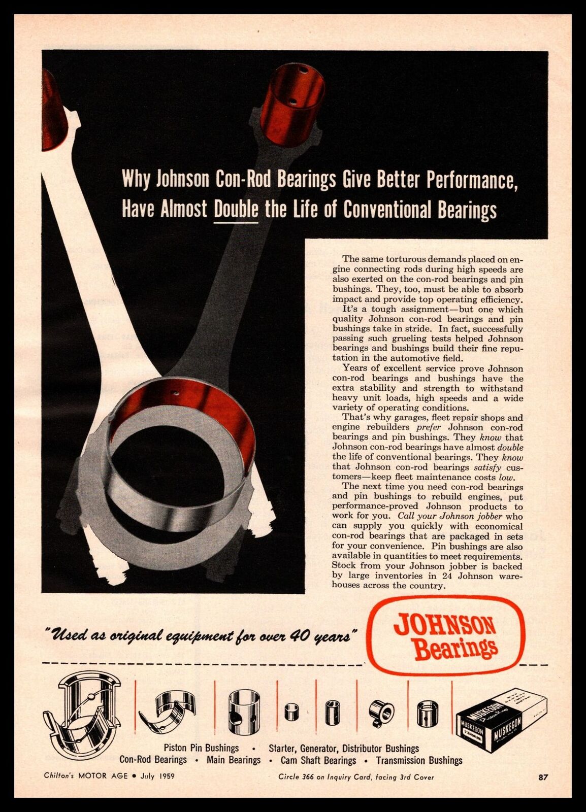 1959 Johnson Con-Rod Bearings & Pin Bushings Muskegon Piston Rings Print Ad